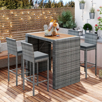 5 Outdoor Bar Furniture - Wood Table, Gray Chairs, Non-Slip, Removable Cushions For Comfort Table And Chairs With Non-Slip Feet, A Fascinating View