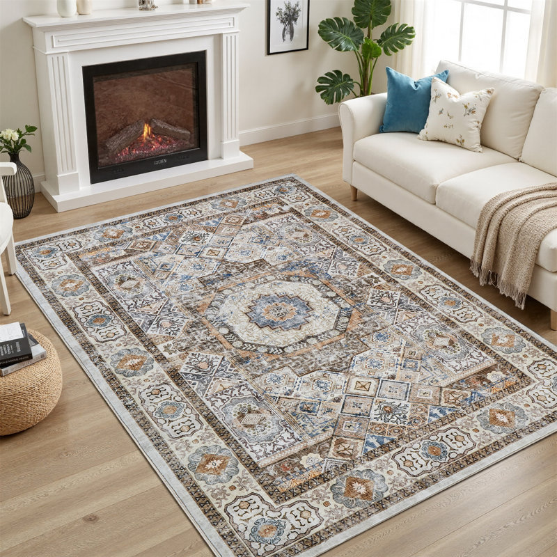 Rectangle Polyester Machine Woven Area Rug, Rectangle 5' x 7'