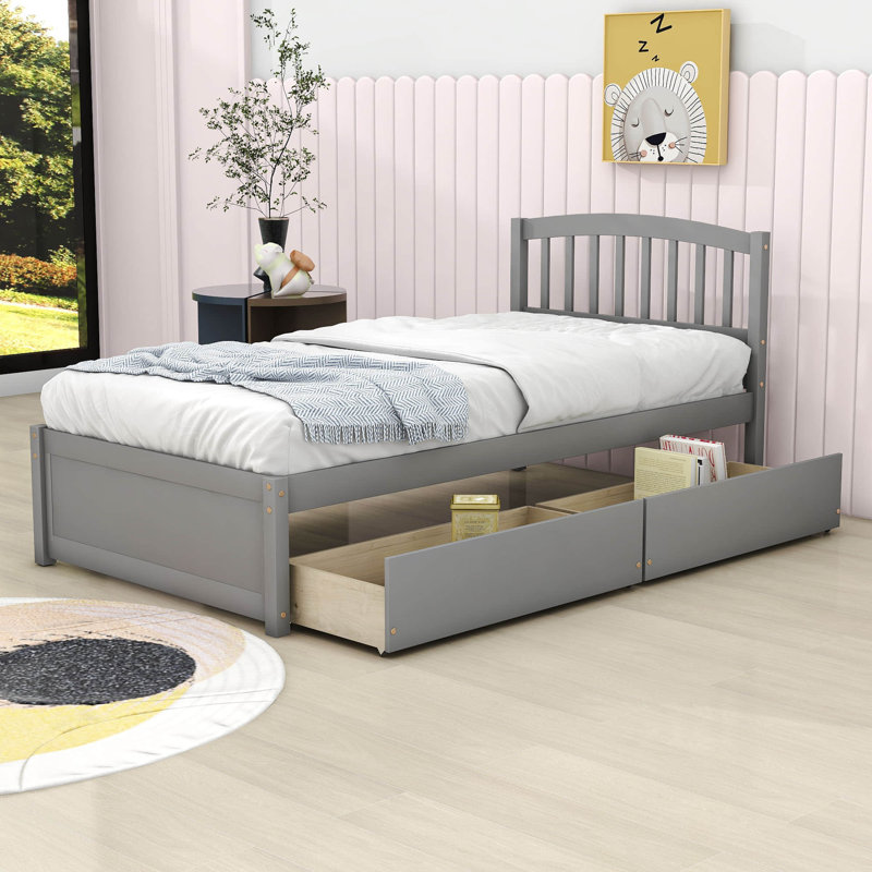 Lit plateforme simple avec tiroirs et rangement, gris