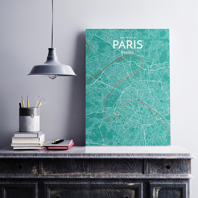 Carte de Paris, impression nautique, H 27,6 po x l 19,7 po x P 0,05 po, Vert / Brun