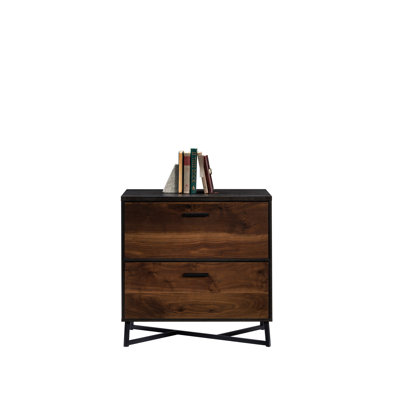 Classeur latéral moderne avec ton noyer foncé, deux tiroirs pleine extension, fini sur toutes les surfaces, base en métal thermolaqué, compact pour les petits espaces de bureau, étapes d'assemblage faciles, affichage supérieur