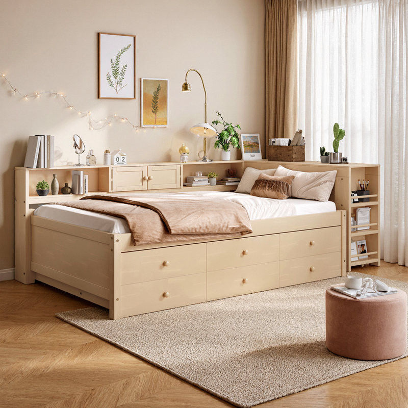 Lit de jour double en L double avec lit gigogne, bureau et rangement intégré, Lit simple, Doré
