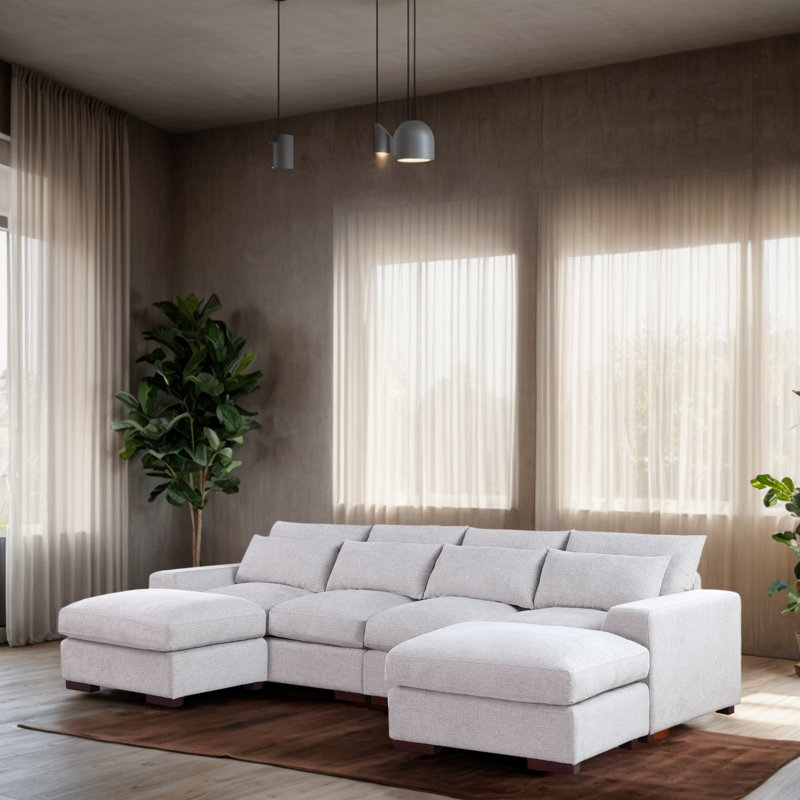 Light Gray Linen-Blend Modular Sectional Sofa with Ottoman