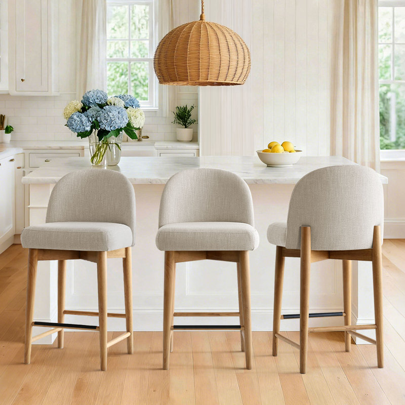25.5'' Linen Counter Stools with Solid Wood Legs, Beige