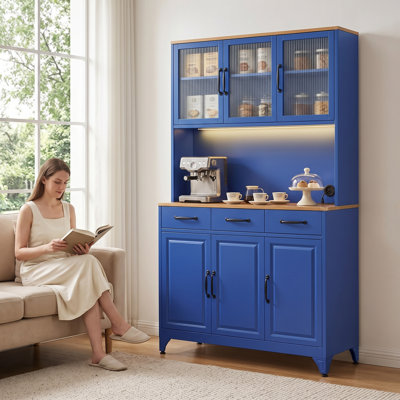 Blue Metal Kitchen Pantry Cabinet, 74.9" Tall Storage Cabinet with  LED light, Freestanding Food Pantry with Microwave Stand，6 Doors & 4 Adjustable Shelves and Two Drawers, Kitchen Hutch for Dining Room，Kitchen And Living Room， 15.8"D x 41.7"W x 74.9"H