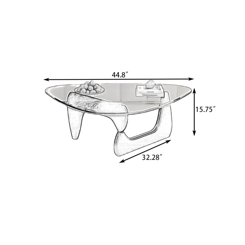 Table basse irrégulière avec plateau en verre noir et base en bois massif, Plateau transparent / base noyer