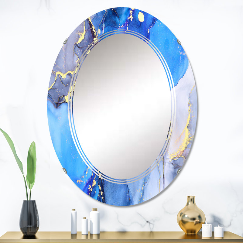 Bleu et or, art abstrait fluide de luxe - miroir mural moderne, 36 po x 24 po