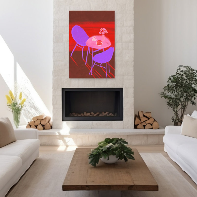 Déjeuner dynamique au café, impression d'art mural contemporain avec des fleurs vibrantes, 48" H x 32" W