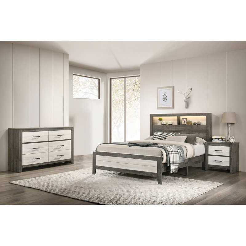 Ensemble de chambre à coucher avec lit plateforme Kaeleah 3-2_Odille, Très grand, 3 pièces: lit, table de chevet, commode