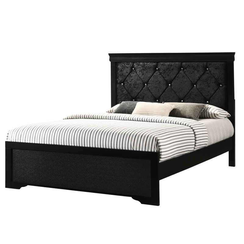 Lit double à panneau noir avec structure en bois et tête de lit tapissier capitonnée