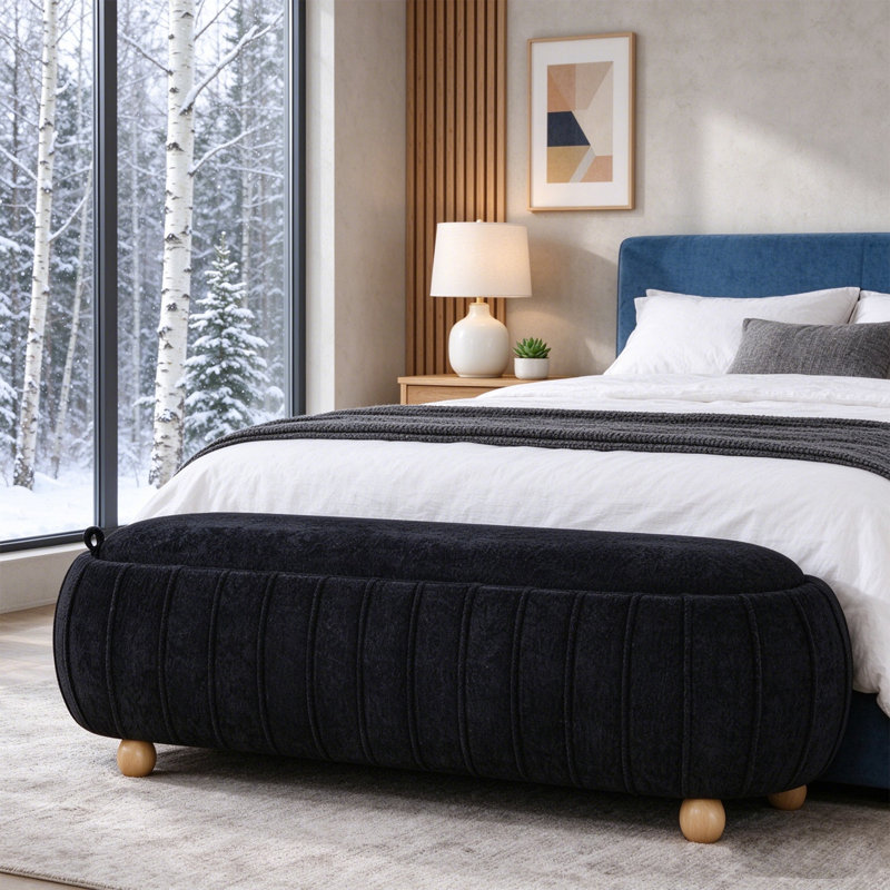 Banc de rangement ovale moderne en chenille capitonnée avec couvercle rabattable et pieds sphériques, idéal pour l'entrée et le salon.