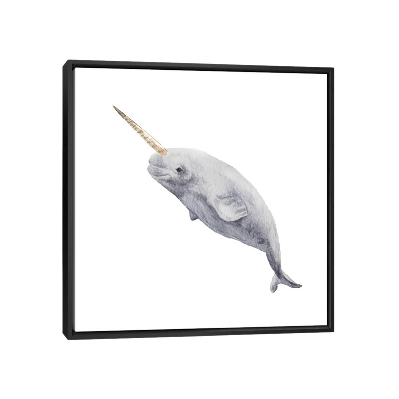 « narwhal », impression sur toile tendue, H 18 po x l 18 po x P 1,5 po, Toile encadrée noire, Pas de tapis