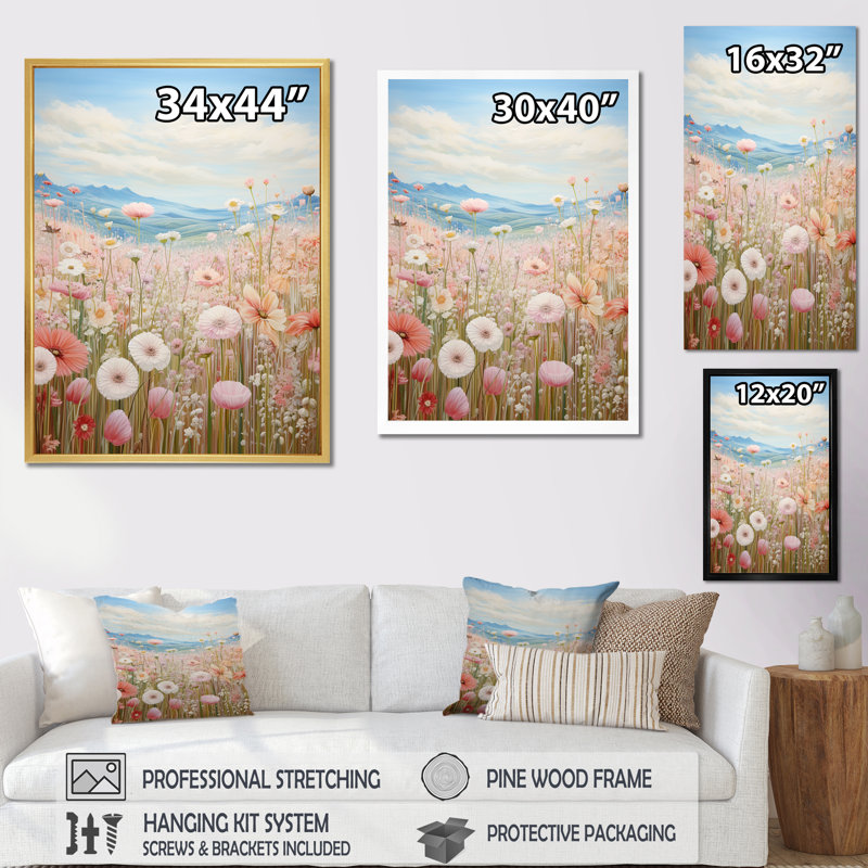 «Kawaii Meadow Landscape I», reproduction sur toile, Cadre flottant blanc, H 32 po x l 16 po x P 1 po