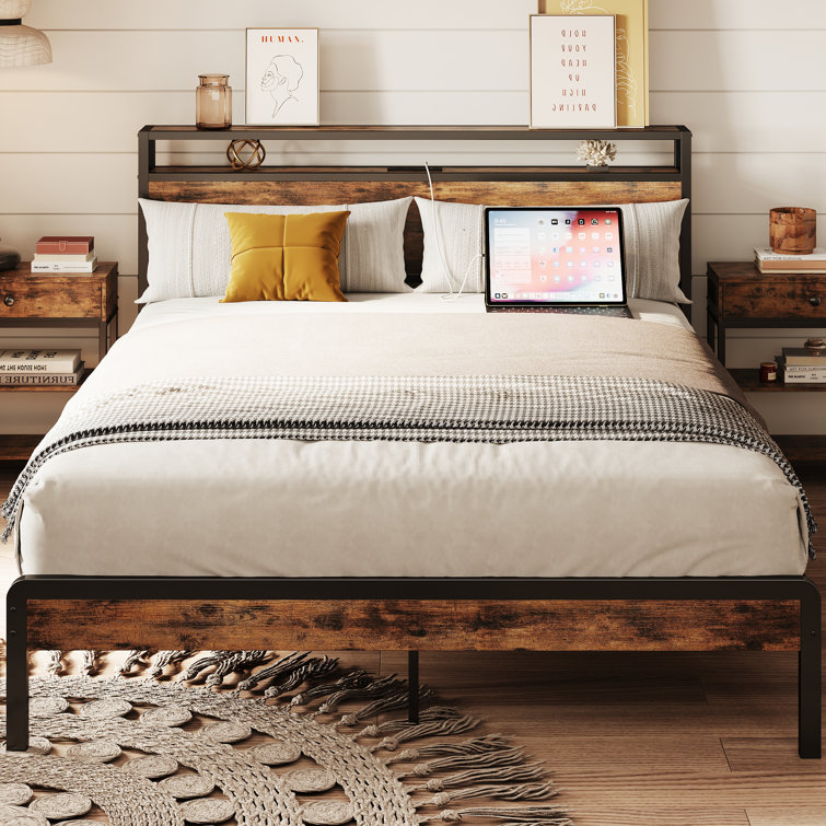 Bed Frame with 2-Tier Storage Headboard and Power Outlets