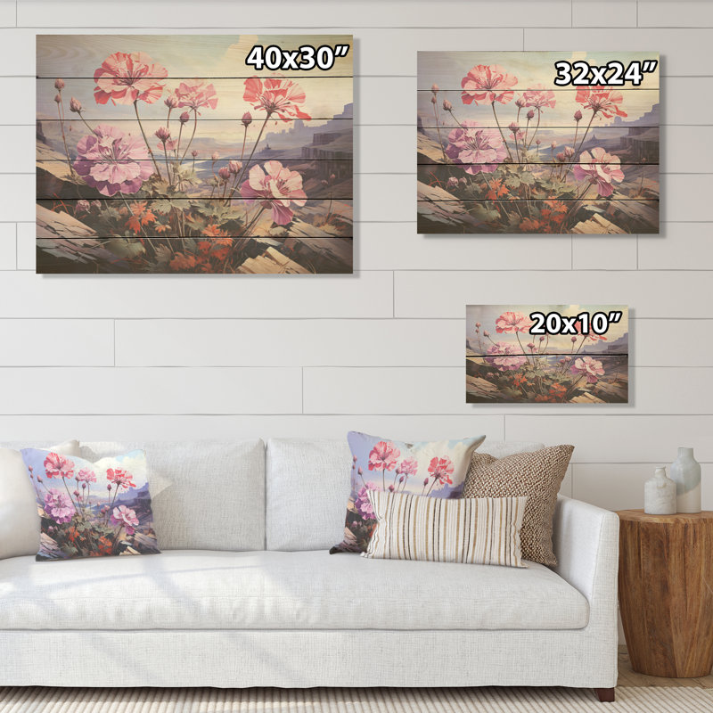 Montagne, fleur de géraniums, art mural sur bois de pin naturel, H 10 po x l 20 po