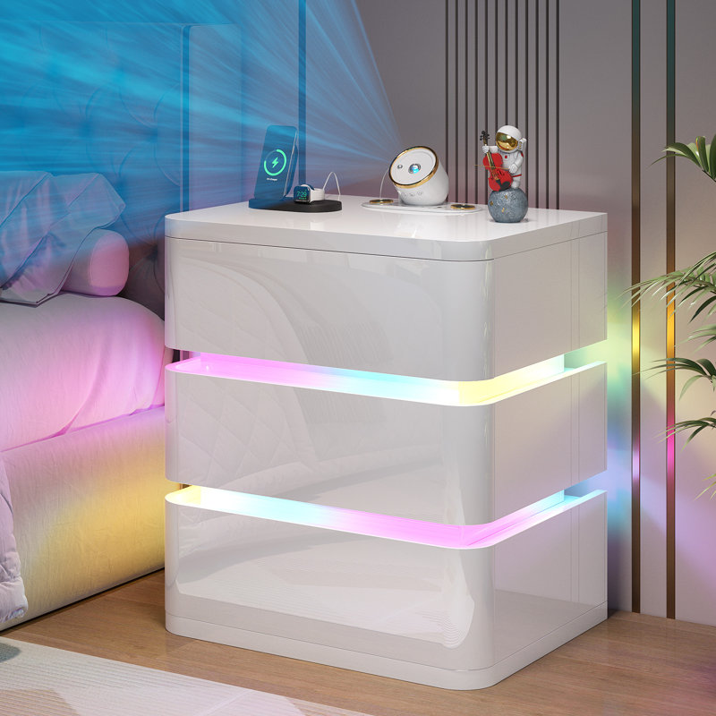 Fully Assembled 3 Drawers Nightstand With Rgb Lights, Starlight Projections, Charging Station And Speaker, White