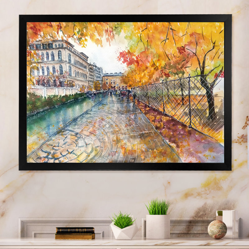 Paysage urbain en automne par un jour de pluie - Art sur toile moderne et contemporain, Impression noire sur toile encadrée