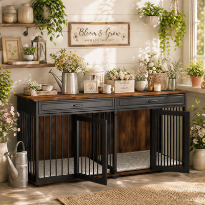 Cage double pour chien de style meuble de 72,4 po avec séparateur amovible et 2 tiroirs de rangement