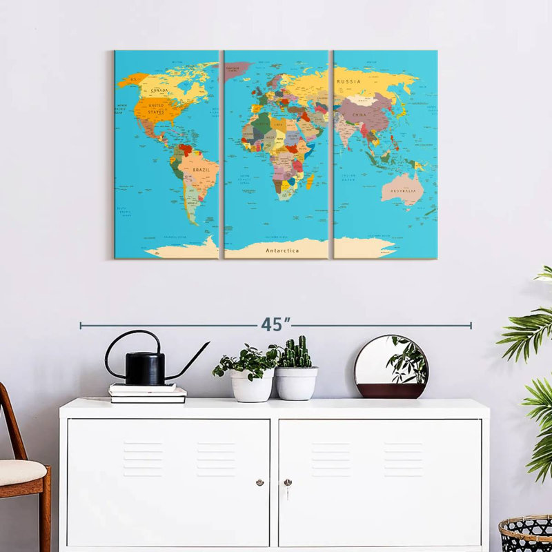 Carte détaillée du monde sur toile, ensemble de 3 pièces, H 24 po x l 38 po x P 1,25 po