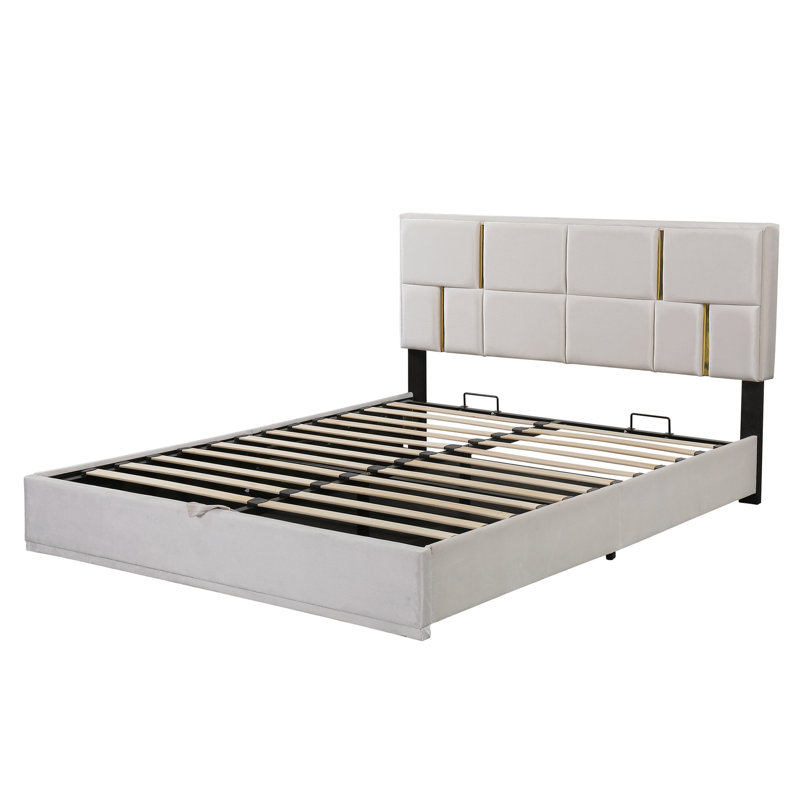 Grand lit plateforme tapissier avec système de rangement hydraulique, aucun sommier nécessaire