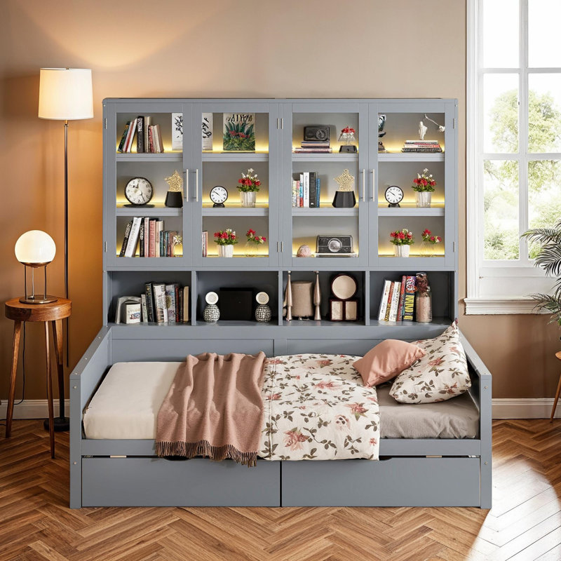 Lit de jour en bois avec armoire en verre et lueur DEL, Complet/Double, Gris