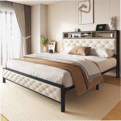 Queen Size Bed Frame, Platform Bed Frame With Charging Station, Upholstered Storage Headboard & Footboard Metal Slats Supports Mattress Foundation, No Box Spring Needed, Beige(No Drawers)