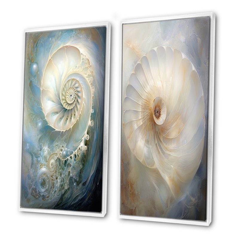 Bleu et blanc Nautilus Pearl Passage - ensemble de 2 reproductions d'art mural Nautilus, Cadre flottant blanc
