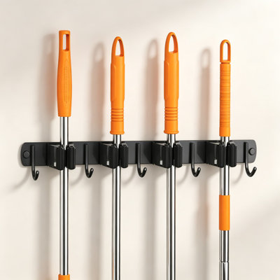 Wall Mounted Broom And Mop Holder Organizer, Heavy Duty Stainless Steel Storage Rack With Hooks For Kitchen Garage Laundry Room And Garden Tools