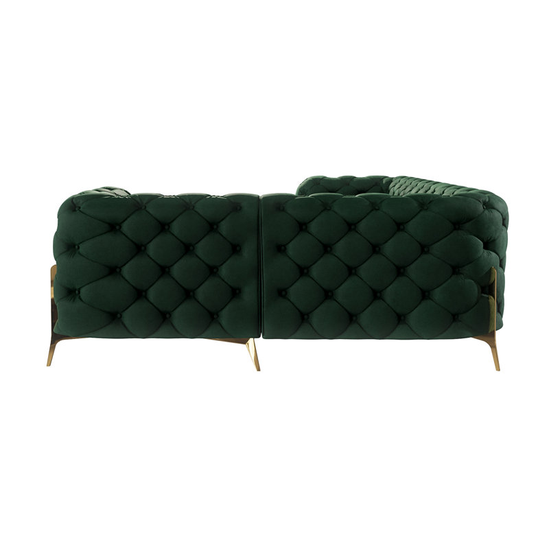 Chesterfield Corner Sofa L-Shape  with Gold Metal Legs, Bottle Green, Left Hand Facing
