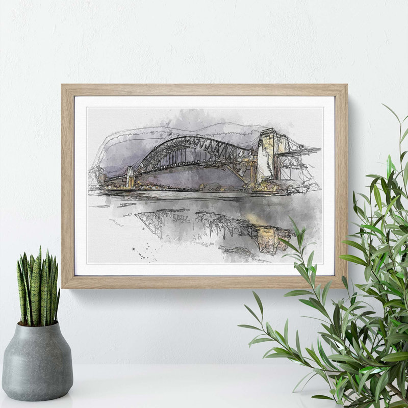 Sydney Harbour Bridge Australia in Abstract - Picture Frame Graphic Art Print, 48cm H x 65cm W x 2cm D, Oak Framed