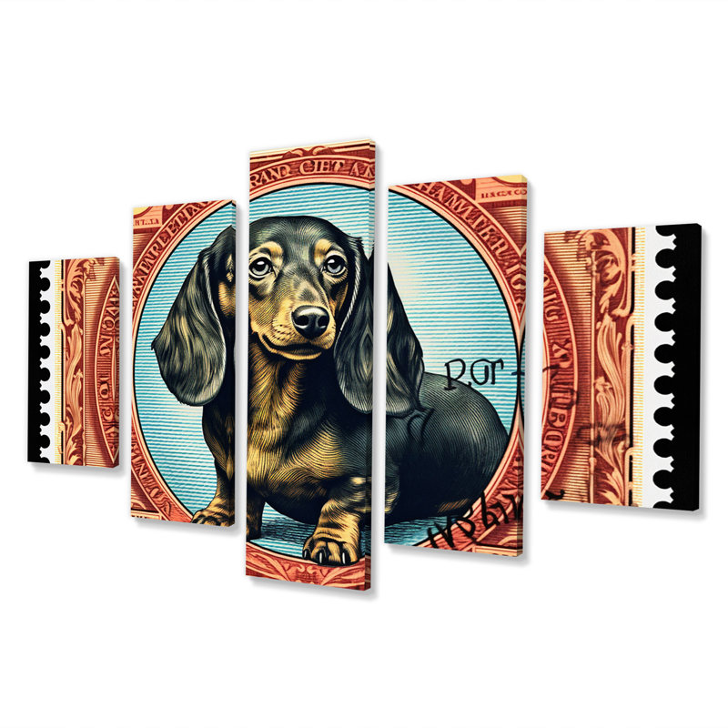 Illustration rétro de timbre de teckel mignon III - animaux, décoration murale chien teckel - 5 panneaux