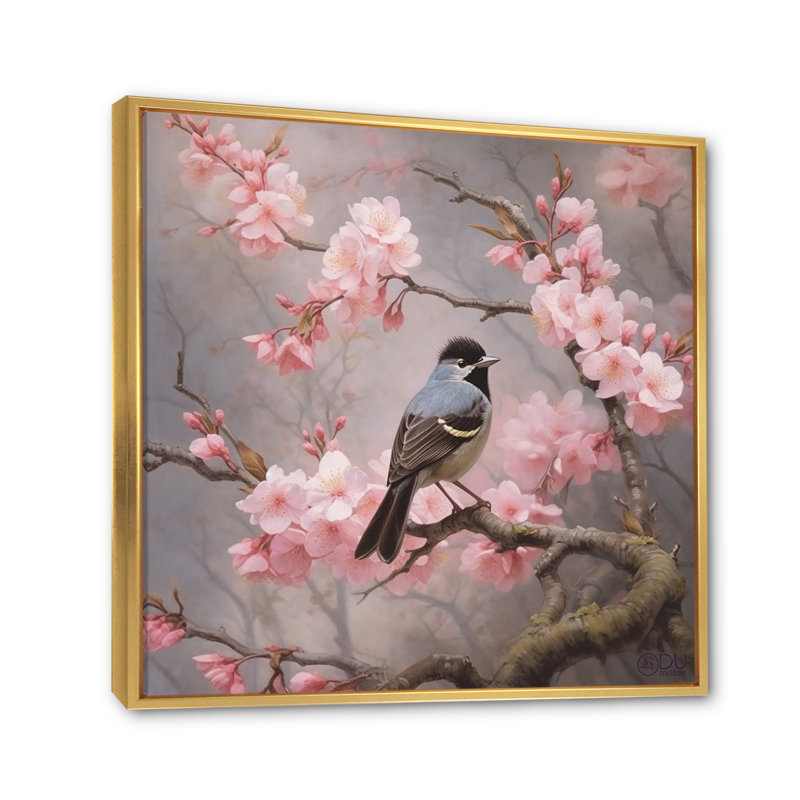 «Bluebird On Blossom Cherry I» sur toile, 16" H x 16" W, Cadre flottant doré