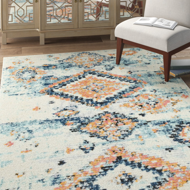 Tapis ivoire / bleu marine Clerge Southwestern, Rectangle 4 pi 1 po x 6 pi 1 po