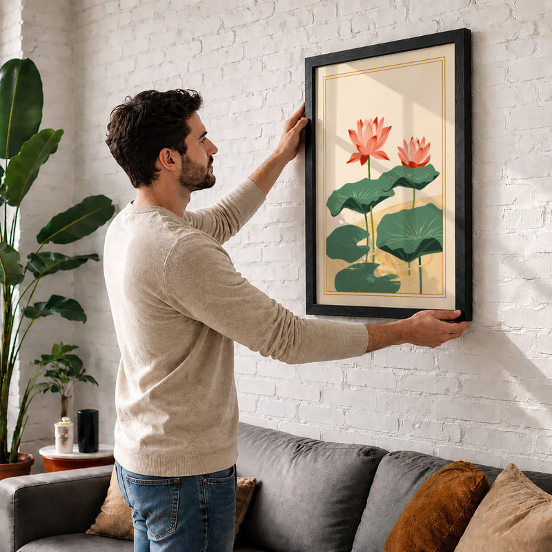 Coral Water Lilies Japandi - Framed Print, A4 - 29.7 x 21.0 cm, Black