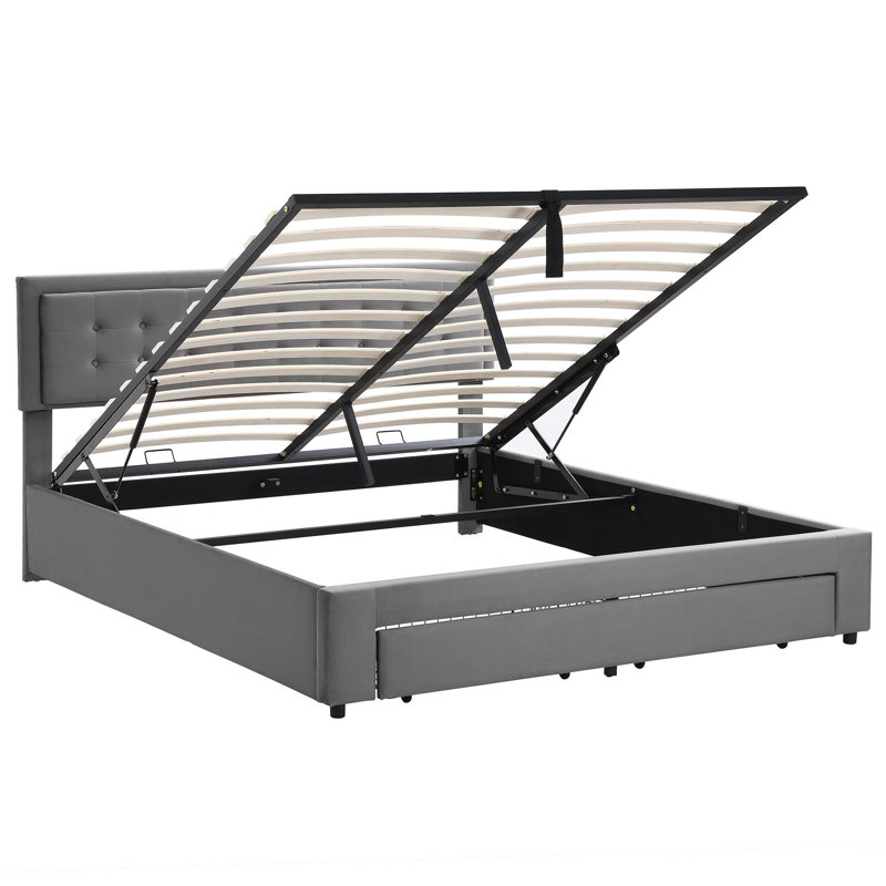 Abhia Upholstered Double (4'6) Velvet Drawers Bed Frame, Kingsize (5'), Grey