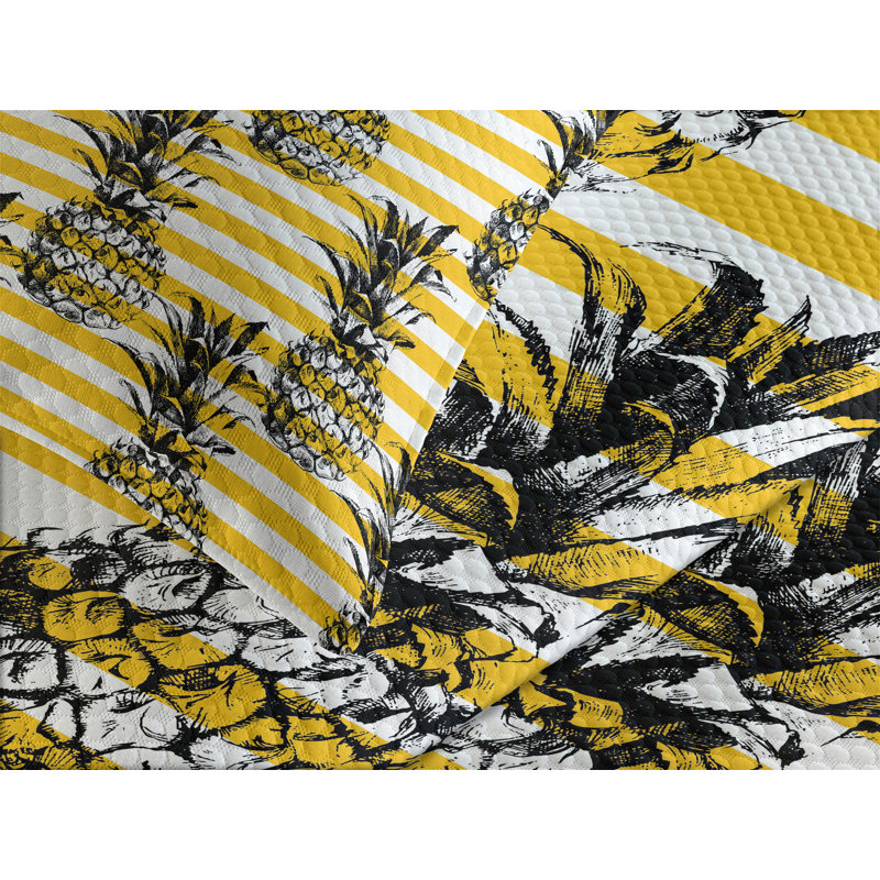 Retro Pineapple Striped Black and Yellow Queen Bedspread Set
