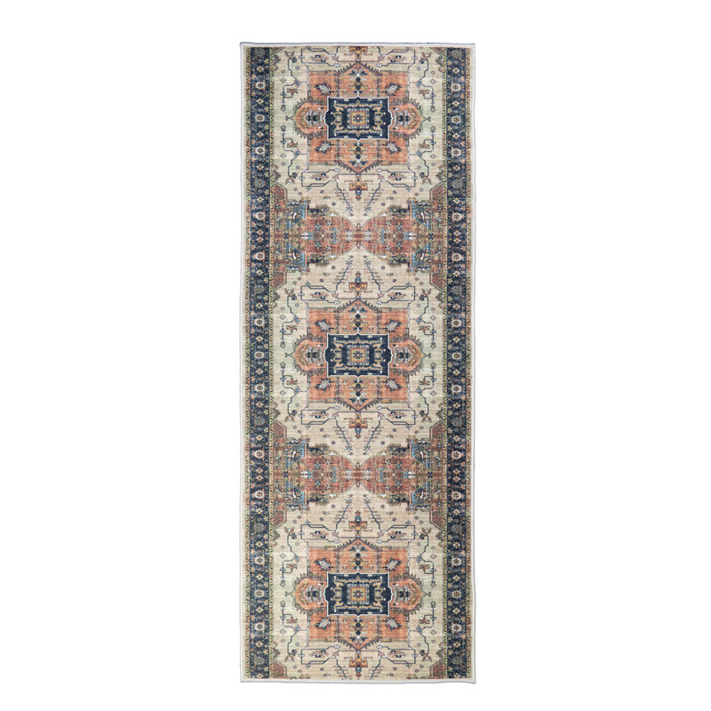 Custom Size Anti Slip Low Profile Medallion Blue Runner Rug, Runner 2'2" x 11'