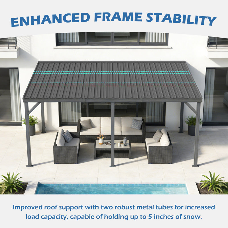 Patio Gazebo Lean to Wall Mounted Pergola with Sloping Galvanized Steel Roof, Gray, 99.23" H x 189.7" W x 143.31" D