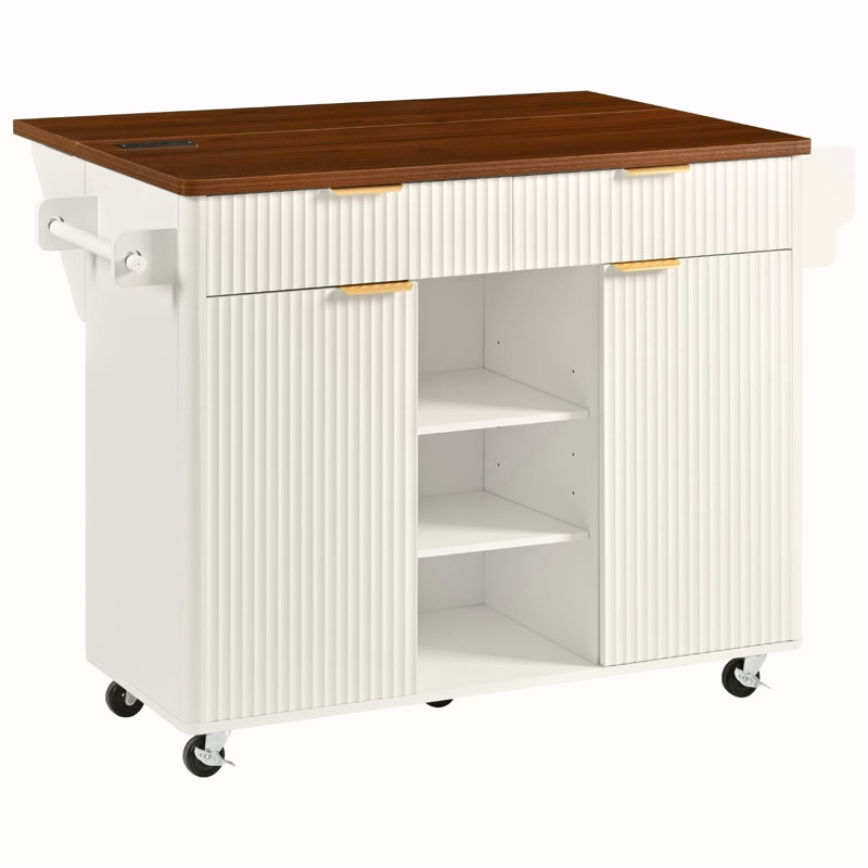 Îlot de cuisine cannelé de 52 po avec rallonge, prise de courant, chariot de rangement de cuisine avec tablettes réglables, 2 portes et 2 tiroirs, table d'îlot roulant pour la cuisine