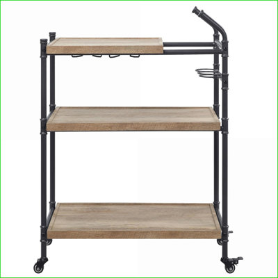 Chariot de service à 2 tablettes avec porte-verres à pied et amp; Roues verrouillables, chêne et amp; Noir sable | Chêne | Industriel, rustique