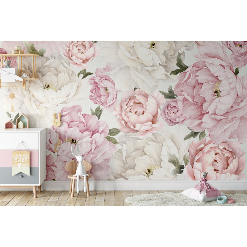 Papier peint amovible floral avec pivoines roses et blanches, L 9 po x l 15 po
