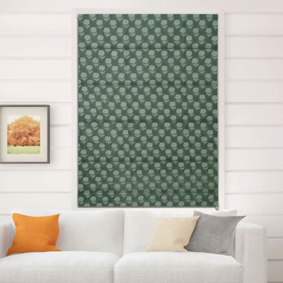  100% Blackout Floral Thick Linen Green Roman Shade for Window Treatments, Kitchen, Hall, French Doors, Cozy Soft Fabric for Stylish Room Darkening Home Decorative Corded Blind, Rohini