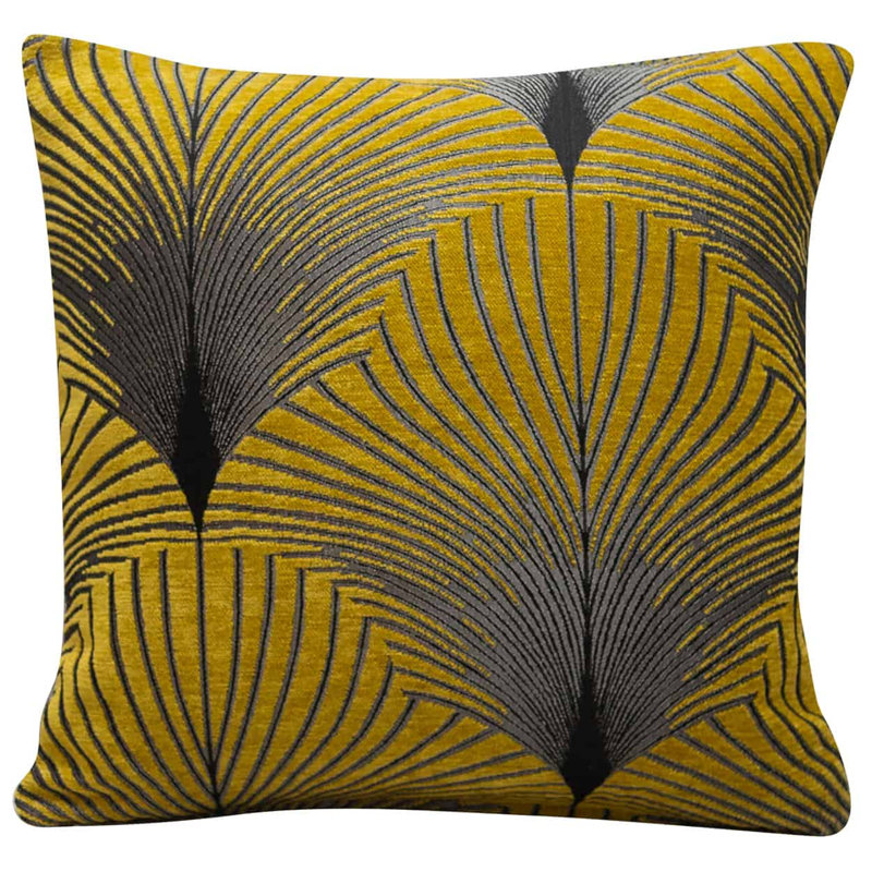 Art Deco Fan Cushion in Ochre and Silver, 43x43cm, Feather filled