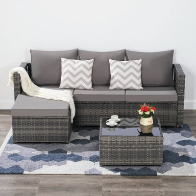 Ensemble modulaire d'extérieur 2 pièces en L tissé | Ensemble de conversation 4 places en osier avec repose-pieds, table basse et méridienne amovible | Mobilier résistant aux intempéries pour la cour, la piscine ou la terrasse