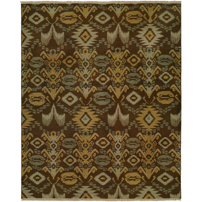Tapis décoratif en laine tissé à la main brun/vert ikat