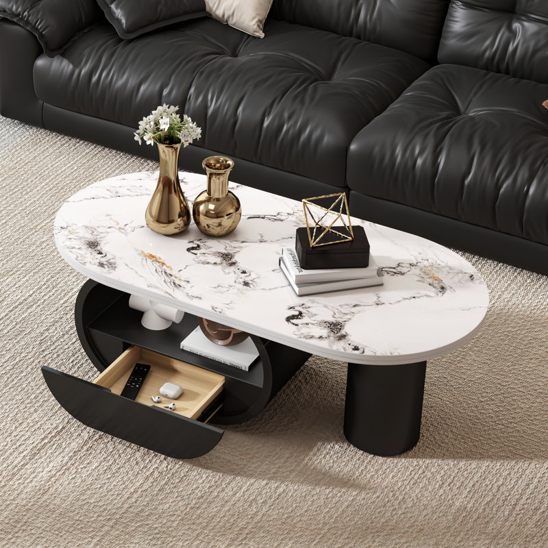 Winchester 47.24'' W Oval Stone and Faux Marble Coffee Table with  Iron Base , White/Black