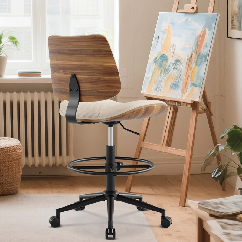 Mid Century Modern Drafting Chair With Foot Ring,Faux Leather And Walnut Wood Finish, Beige