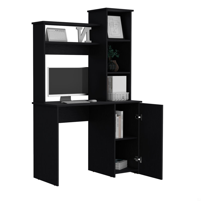 Bureau d'ordinateur avec huche, armoire à une porte, grande surface de travail et tablettes de rangement à 3 niveaux, Noir