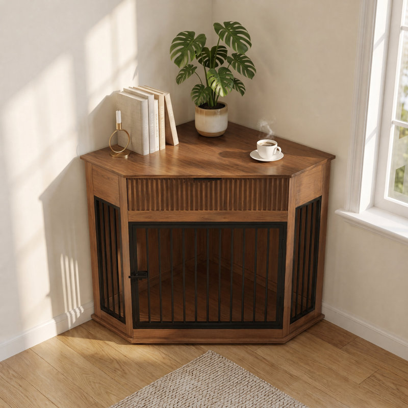 Table de bout décorative avec cage cannelée pour chien de 44,6 po, Walnut