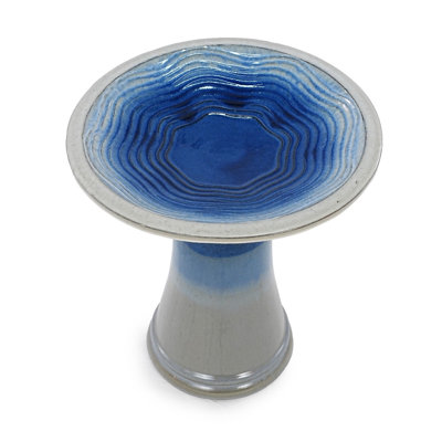 17'' Ceramic Bird Bath for Outside, Elegant Tall Outdoor Pedestal Birdbath with Swirl Pattern, Lightweight Glazed Blue Ombre Birdbaths for Garden Patio